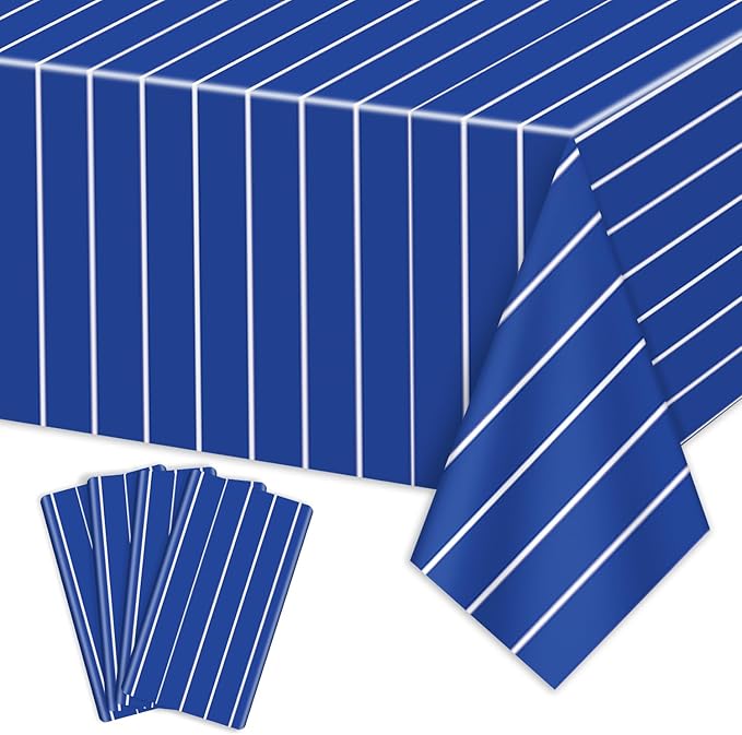 4 Pcs Plastic Baseball Tablecloths, Rectangle Blue Stripe Party Table Cloth for Baseball Game Day Sports Theme Party Supplies, 51 x 86 Inches