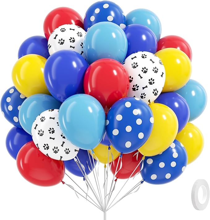 60pcs 12inch Dog Balloons, Royal Blue, Light Blue, Yellow, Red Paw Print for Puppy Dog Paw Birthday Party Decorations