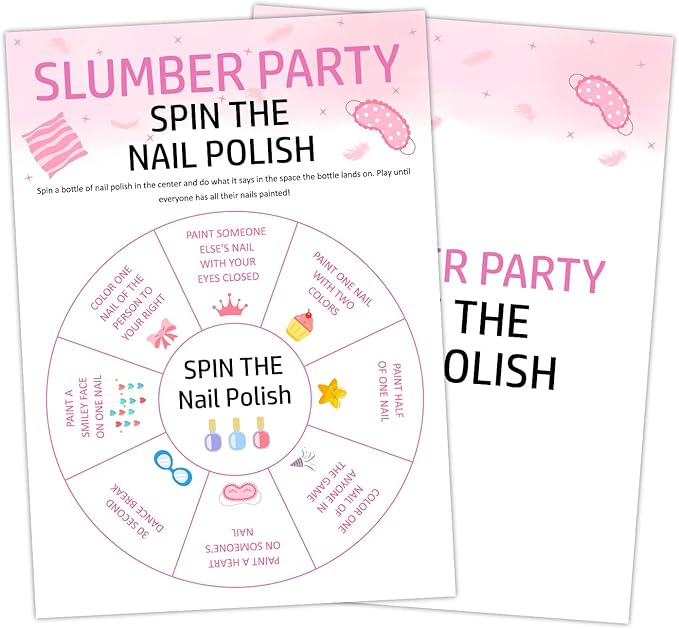 Funny Slumber Party Games Sleepover Game Party Games Spin The Nail Polish Set of 20 pcs Game Cards Cute Pajamas Party Favor Activity Birthday Party Decor Supplies - FS284