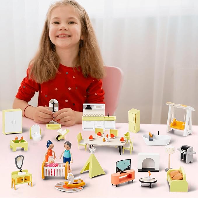 Giant bean 37pcs Green Wooden Plastic Dollhouse Furniture Kitchen and Bathroom Set, Modern Wood Dollhouse Accessories Pretend Play Furniture Christmas Toys for Boys Girls Toddlers & Kids 3+