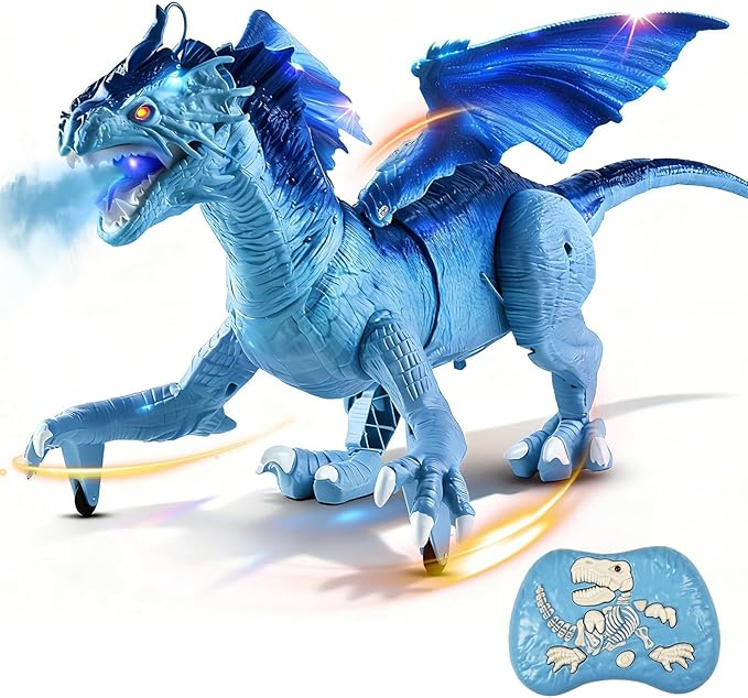 Remote Control Dragon, Dragon for Kids with Spraying, Roaring, Swaying Head, Wings, Light-Up Interactive Robot Dinosaur Toys for Boys and Girls, Blue