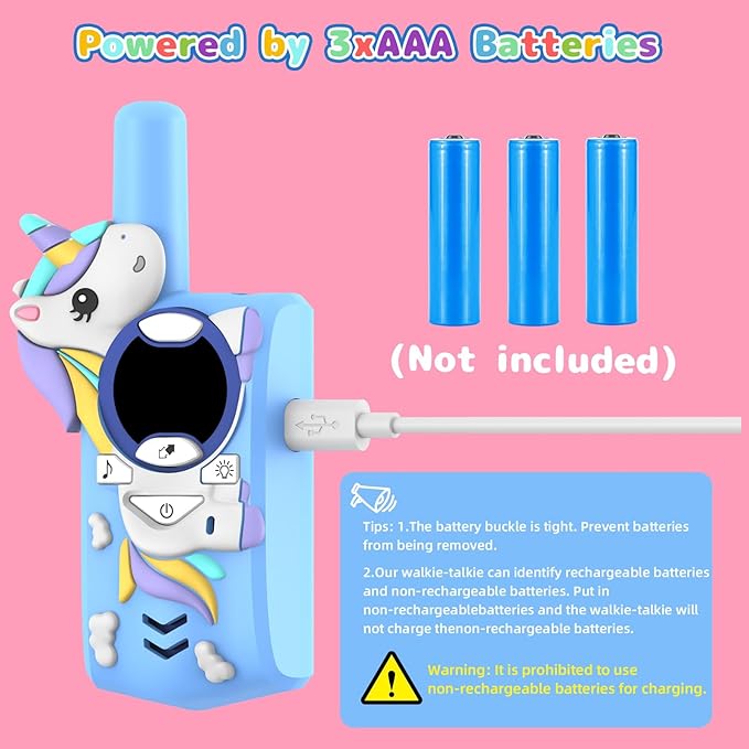 Unicorn Kids Walkie Talkies Rechargeable, 2 Miles Range 3 Channels 2 Way Radio, Birthday Gifts for Boys Girls,Family Games Outdoor Hiking Camping,3-12 Years Old Toys (Blue)