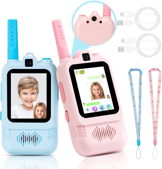 Video Walkie Talkies for Kids 2 Pack, 2.0" IPS Dual Camera with Photo Share & Voice Chat, Rechargeable Long Range with Lanyard for Indoor/Camping/Hiking, Birthday Gift Boys Girls Age 3+ (Blue/Pink)