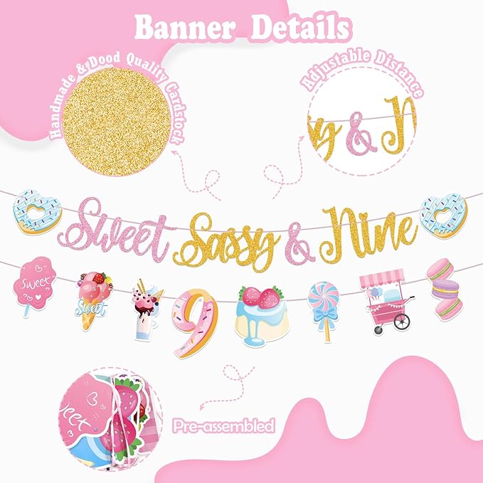 Sweet Sassy And Nine Birthday Decorations- 9th Birthday Decorations For Girls With Donut Banner Sweet Cake Topper 9th Foil Balloon For 9th Donut Themed Party Decor Sweet Nine Party Supplies