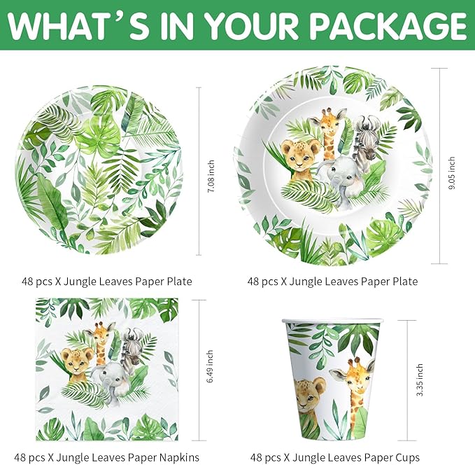 Safari Jungle Theme Party Supplies For Boys - Jungle Birthday Baby Shower Decorations Tableware Include 9" Plates, 7" Plate, Cups, Napkins, Safari Party Decorations | Serve 48
