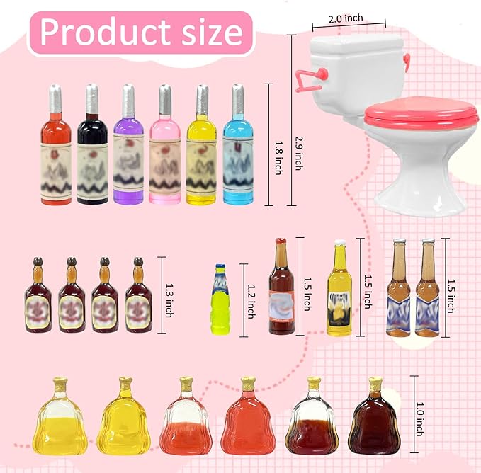 MEMOVAN Toilet Cake Topper 1PC and Miniature Wine Bottles Cake Cupcake Toppers 21PCS, Funny Mini Toilet Toy Dollhouse Cake Decorations for Bachelorette Party Or Birthday 21 and Up Girl Party