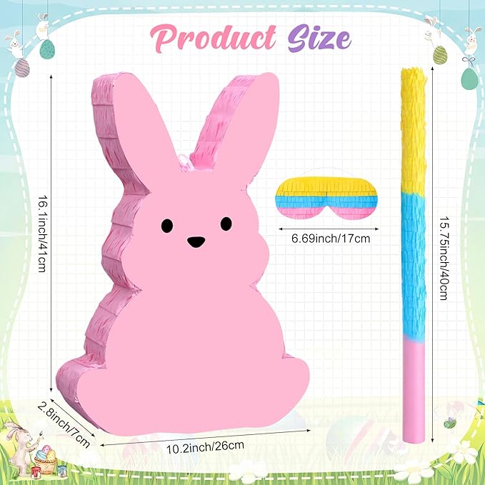Easter Bunny Piñata with Blindfold, Bat and Filler, Funny Cute Bunny Party Favors for Cute Easter Egg Theme Adults Party Supplies Decoration