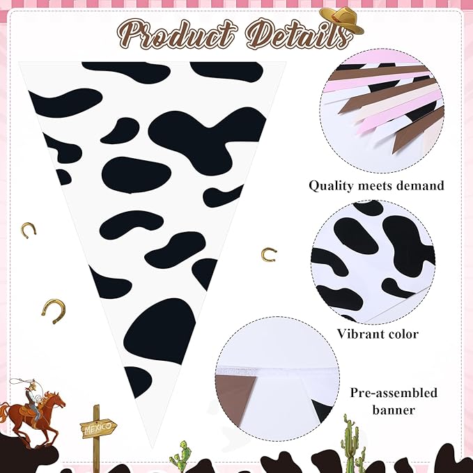 Pasimy 5 Pcs Cowgirl Party Decorations Western Cowgirl Triangle Flag Banner Pennant Pink Brown Cow Print Hanging Flag Banner for Girl First Birthday Farm Baby Shower Party Decorations