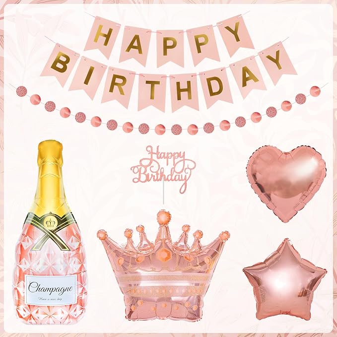 Ouddy Life Rose Gold Birthday Party Decorations for Women Girls, Happy Birthday Banner, Pink Foil Confetti Balloons, Fringe Curtain, Cake Topper, Pompoms, Princess Wedding Baby Shower Party Supplies