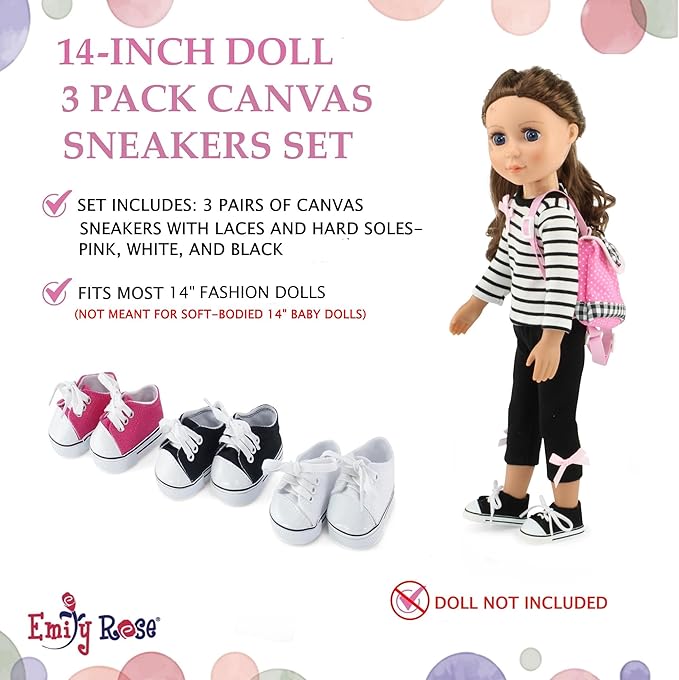 Emily Rose 14 Inch Doll Clothes Accessories | 14" Doll Shoes Value Pack 3 Pack Canvas Sneakers Gift Set | ONLY Compatible with Wellie Wishers and Glitter Girls Dolls