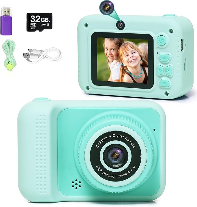 Kids Camera Toys, for Boys and Girls,JUVNAWEZ Digital Camera for Kids, Toddler Camera Christmas Birthday Toy Gifts for Kids Age 3 4 5 6 7 8 9 10 with 32GB SD Card, Video Recorder 1080P HD (Green)