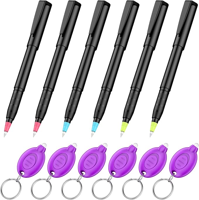 Uniclife 6 Pcs Invisible Ink Pen with 6 Pcs UV LED Keychain Flashlight, Spy Pen, Disappearing Ink Magic Pen for Secret Notes, Magic Spy Marker with Purple Light for Christmas Halloween Holiday Present