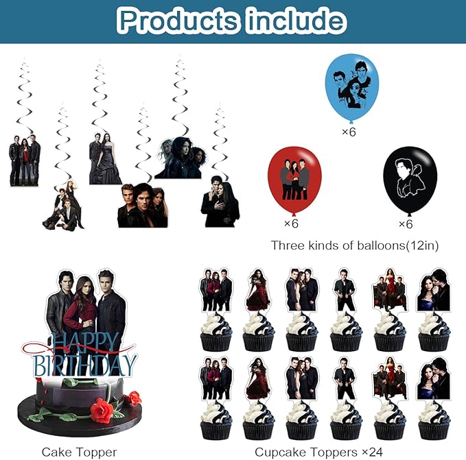 The Vampire Diaries Party Decorations,Birthday Party Supplies For Party Supplies Includes Banner - Cake Topper - 24 Cupcake Toppers - 18 Balloons-6 Swirls