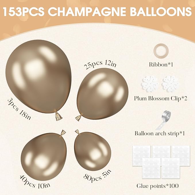 Amandir 153 Pcs Chrome Gold Balloons Arch Garland Kit, Different Sizes 18 12 10 5 Inch Metallic Champagne Gold Balloons for Retirement Graduation Casino Wedding Men Birthday Shower Party Decorations