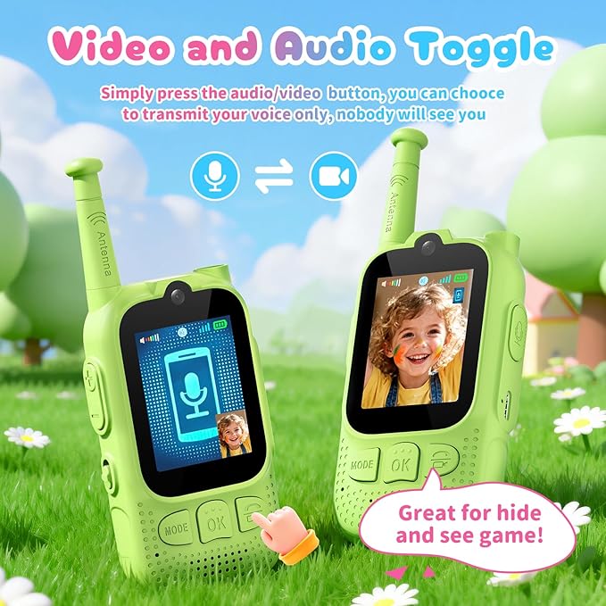 Kids Audio/Video Walkie Talkies, 2 Pack Rechargeable Walkie Talkies for Kids with 2’’ Screen & Camera & Voice Changer, Long Range Boys Girls Toys for Indoor Outdoor Camping Hiking Games (Green/Green)