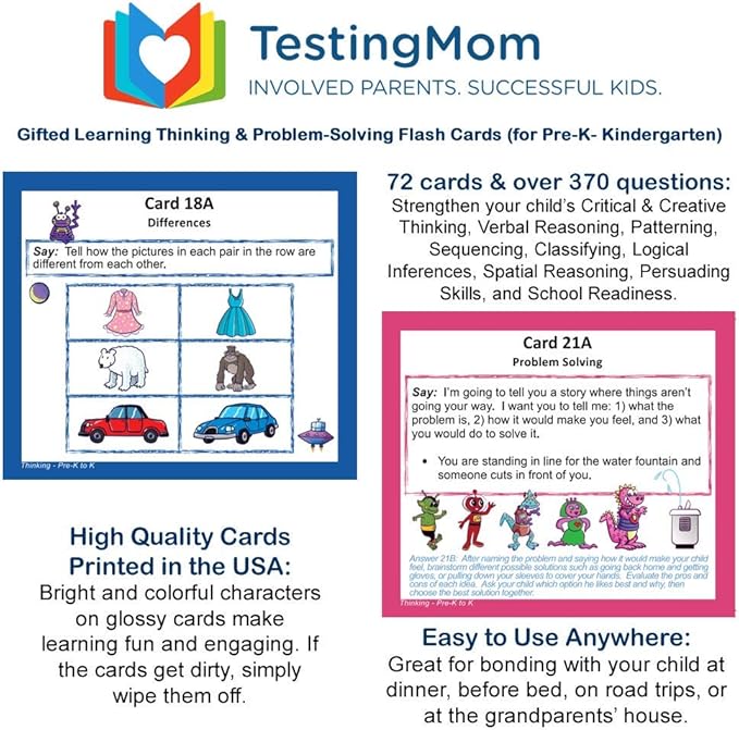TestingMom.com Gifted Learning Flash Cards – Thinking & Problem-Solving for Pre-K – Kindergarten – Gifted and Talented Educational Toy Practice for CogAT Test, Iowa Test, NNAT, OLSAT, NYC Gifted