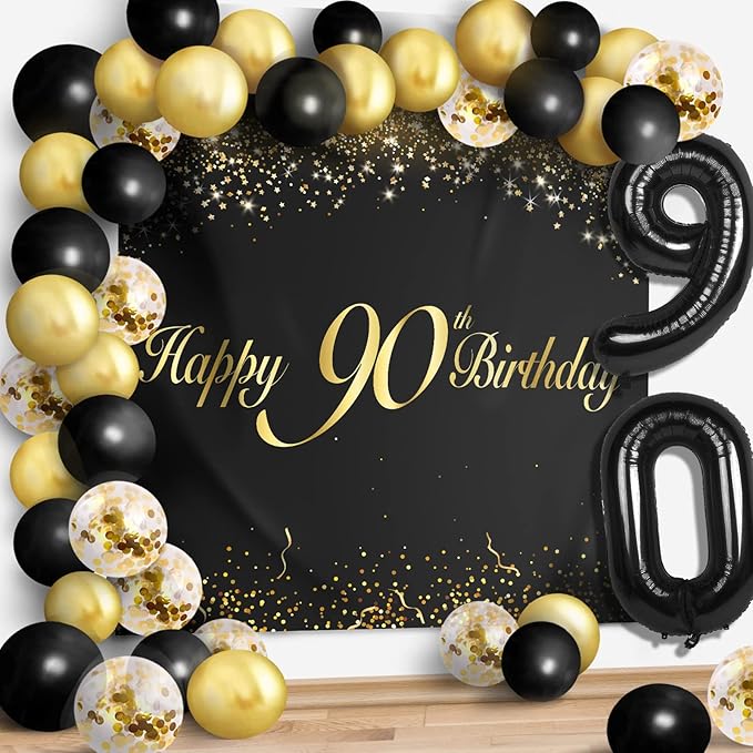 Happy 90th Birthday Balloons Black Set Decor - Cheers to 90 Years Old Party Theme Garland Banner Backdrop Decorations For Women and Men Supplies