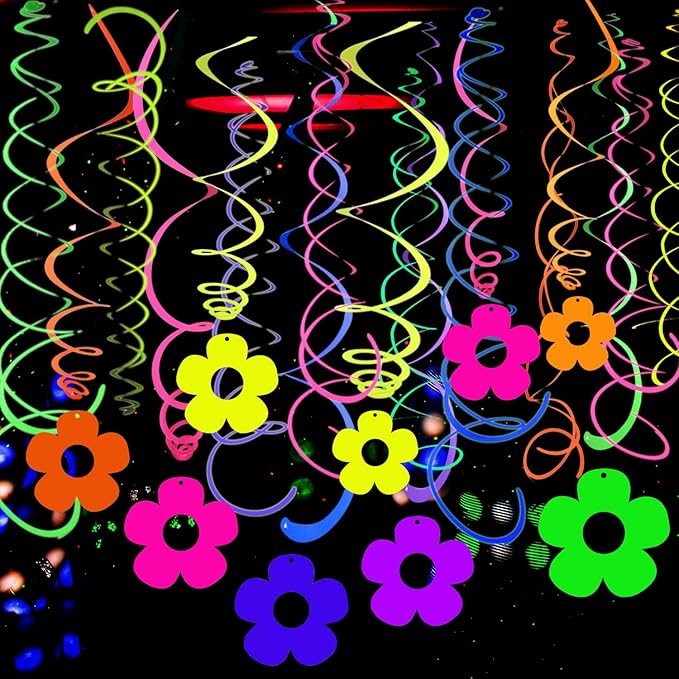 56 Pcs Hollow Flowers Hanging Swirls Decorations Neon Streamer for Ceiling Flower Neon Garlands Glow Party Supplies Decoration UV Black Light Neon Party Swirling Decorations for Dark Birthday Favors