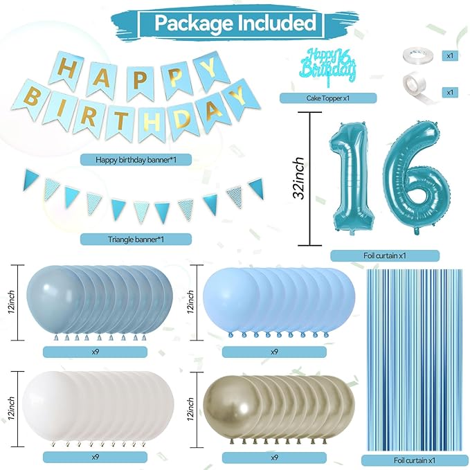 16th Birthday Decorations, Blue Happy Birthday Party Decorations With Teal Blue Number 16 Balloons Dusty Macaron Blue White Balloons Fringe Curtain Banner Cake Topper For Boy Girl Party Supplies