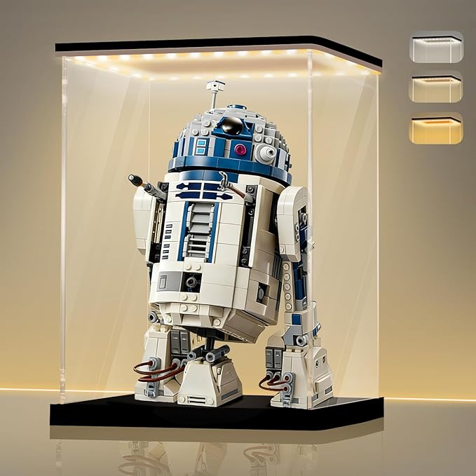 LANSCOERY Acrylic Display Case with Adjustable Yellow/White/Warm LED Light, UV Protection Clear Display Box, Dustproof Showcase for Action Figures, Models, Collectibles - 7.9x7.9x9.8inch