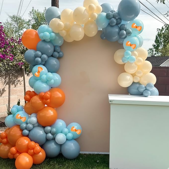 Orange And Blue Balloons, 50PC 12 Inch Dusty Blue Ivory White Macaron Orange Bow Print Balloons for Birthday Baby Shower Wedding Party Decorations