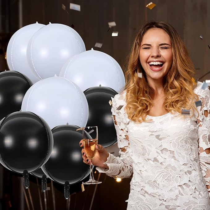 KALOR 22 Inch Black and White Foil Balloons, 10 Pcs Large 4D Giant Round Metallic Foil Balloon for Birthday Party Baby Shower Graduation Party Decorations