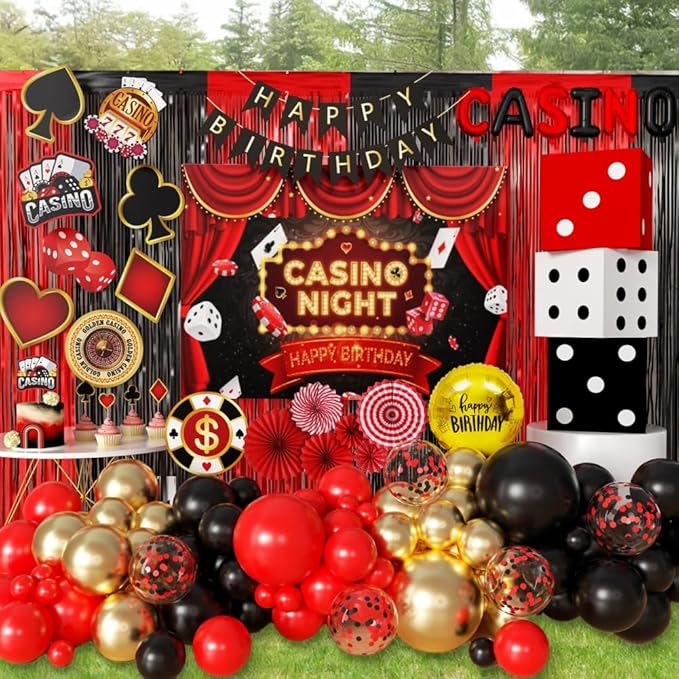 Casino Theme Party Decoration Las Vegas Birthday Party Dino Casino Night Poker Party Supplies Set for Adults Include Balloon Garland Kit, Casino Backdrop, Cake Toppers, Gold Curtain and Foil Balloons