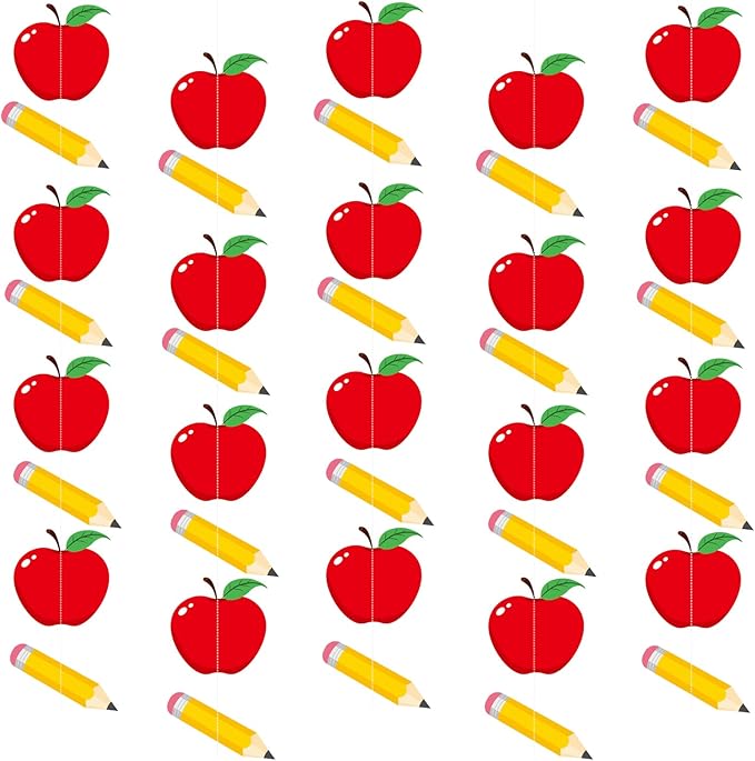 MARFOREVER 41Ft 5 Pcs Pencil Apples Garland Back to School Decorations, Pre-Strung Pencil Apple Banner Hanging Streamers for First Day of School Classroom Decorations Teacher Office Photo Props