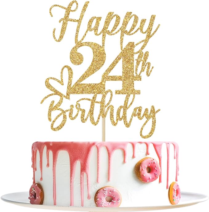 Gold Glitter Happy Birthday Cake Topper, Funny Party Supplies (24th Birthday)