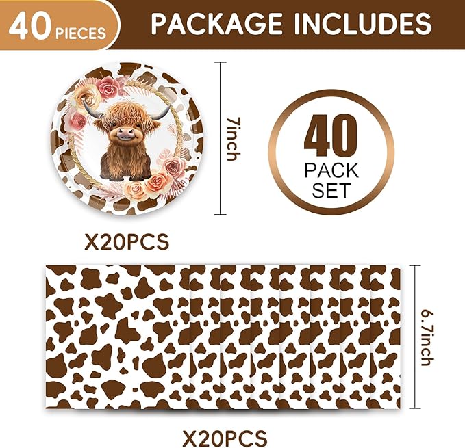 40Pcs Highland Cow Birthday Decorations Brown Cow Print Party Supplies Floral Highland Cow Theme Birthday Disposable Desserts Plates and Napkins for 20 Guest