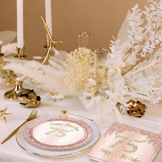 75th Birthday Decorations for Women,75th Birthday Party Plates and Napkins,Rose Gold 75 Year Old Party Theme Tableware 75 Party Table Decorations Supplies,Disposable 7'' Paper Plates, Napkins