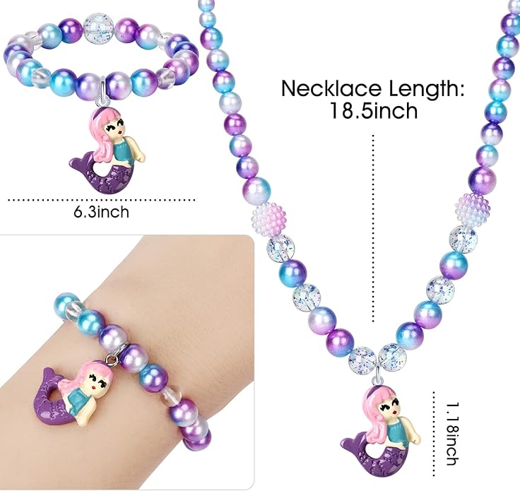 Girls Mermaid Necklace, Bracelet, Ring Set - Dress Up Pretend Play Jewelry Gifts for Kids & Toddlers - Mermaid Party Costume Supplies