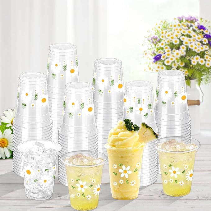 100 Pcs Daisy Plastic Disposable Party Cups, 12 oz, Retro Boho Hippie Groovy Daisy Flower Designs for Spring Birthday Party, Baby Shower, Anniversary, Daily Use