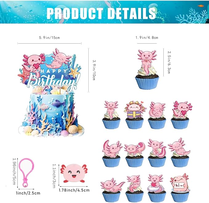 Axolotl Birthday Party Supplies Decorations Axolotl Balloons Cupcake Toppers Happy Birthday Banner Stickers Keychains Animal Party Decoration