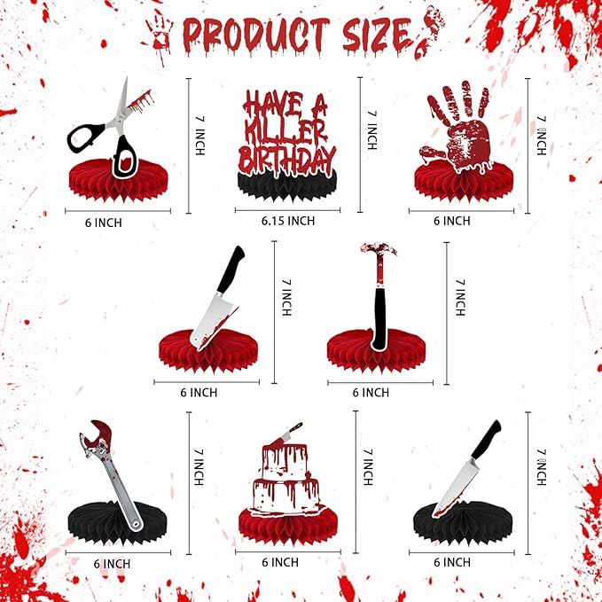 8 Pcs Have a Killer Birthday Party Decoration, Halloween Horror Theme Honeycomb Centerpieces 3D Double Sided Table Decorations for Bloody Horror Movie Birthday Party Supplies Decor