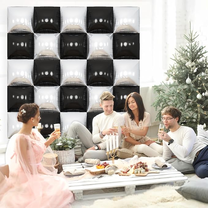 Black Silver Square Foil Balloon Wall,25Pcs Double Sided Foil Balloons Backdrop Helium Polyester Tunnel Arch Garland Kit for Birthday Bridal Anniversary Baby Shower Party Decorations
