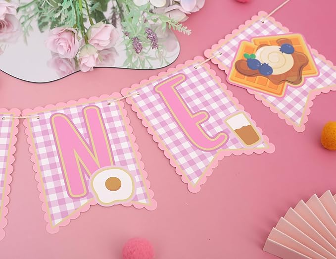 Brunch 1st Birthday HighChair Banner - Breakfast First Birthday Decoration, Pancakes and Pajamas Party Supplies, Breakfast Food Banner, Pancake and Waffle Cake Smash Photo Props (Pink Brunch Banner)