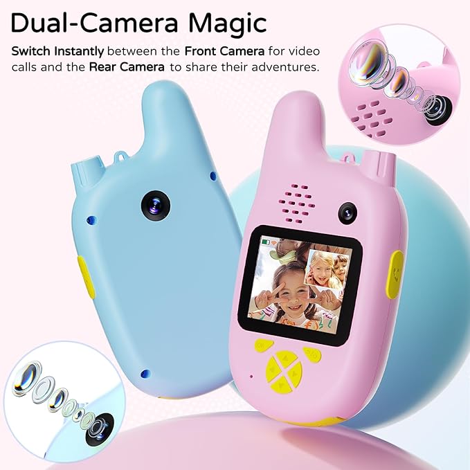 Dual Cameras Video Walkie Talkies for Kids, Kids Walkie Talkies 2 Pack for Age 3-12 Year Old Boys Girls with Front&Rear Cameras,Screen and Rechargeable Battery, Gift for Child