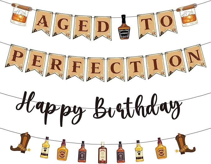 Aged to Perfection Birthday Decorations - Birthday Decorations for Men Whiskey Banners Beer Party Supplies Over the Hill 40th 50th 60th Bday Party Decor