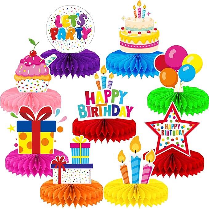 Birthday Table Decorations - 9 Pcs Colorful Happy Birthday Centerpieces for Tables Rainbow Honeycomb Centerpieces Table Toppers for Girls Boys Men Women Birth Date Party Supplies, Photo Booth Props