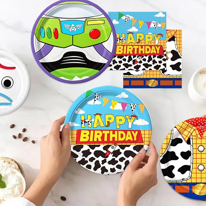 90Pcs Cartoon Birthday Party Supplies Cartoon Plates Napkins Tableware for Toy Theme Birthday Decor for 30 Guests
