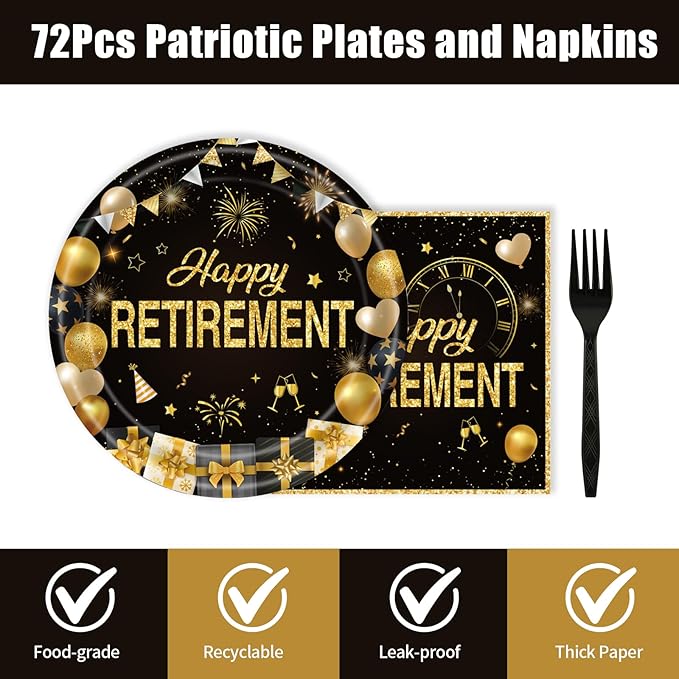 72Pcs Retirement Plates and Napkins, Black Gold Happy Retirement Party Decorations Paper Plates and Napkins with Forks Disposable Tableware Set for Men Women