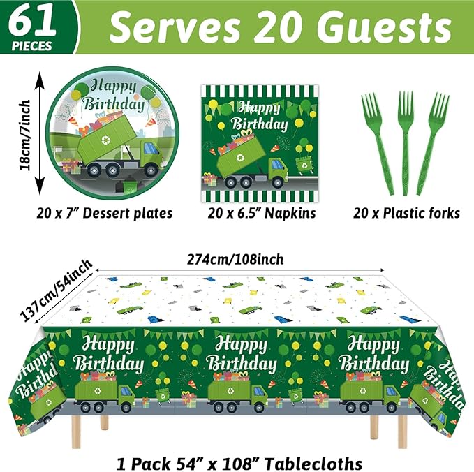 61 Pcs Garbage Truck Birthday Decorations Green Trash Party Tableware Rubbish Recycling Themed Supplies Plates Napkins Tablecloth for Birthday Parties Waste Management Celebrations Serves 20 Guests