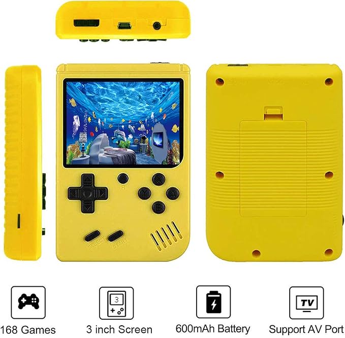 Retro Handheld Games Console for Kids/Adults, 168 Classic 8 Bit Games 3 inch Screen Video Games with AV Cable Play on TV (Yellow)