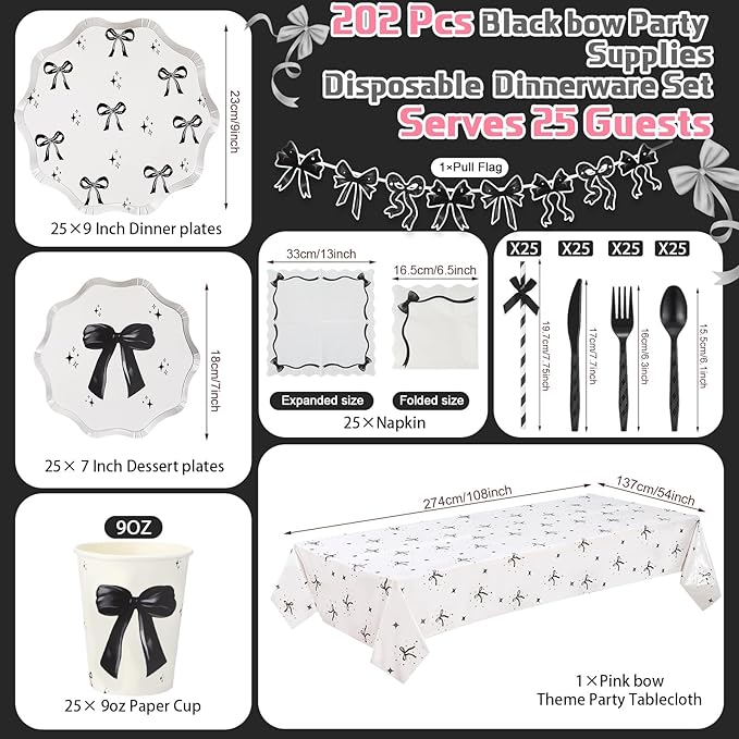 Sawysine 202 Pcs Black Bow Party Supplies Disposable Dinnerware Set 50 Plates 25 Cups 25 Napkins 25 Plastic Forks 25 Knives 25 Spoons 25 Straw Flag Tablecloth to Serve 25 Guests