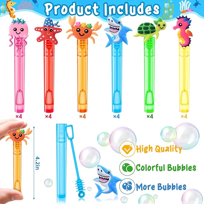 Winrayk Under the Sea Party Favors, 24Pcs Ocean Animal Mini Bubble Wands for Kids Bubbles Bulk with Detachable Topper (6 Styles & Colors), Summer Pool Beach Birthday Goody Bag Stuffer Classroom Prizes