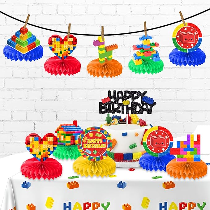 9PCS Building Block Honeycomb Centerpieces Themed Birthday Party Decorations Construction Centerpiece Table Decoration Party Favors Decor Supplies Gifts for Boys Girls Men Women