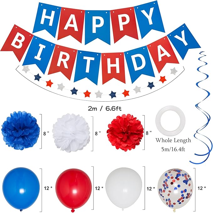 Blue White and Red Birthday Decorations, Patriotic Party Supplies Kit for Men Women Boys Grils, Happy Birthday Banner Paper Pompoms Red Blue Confetti Balloons Star Streamer for 4th of July Baseball