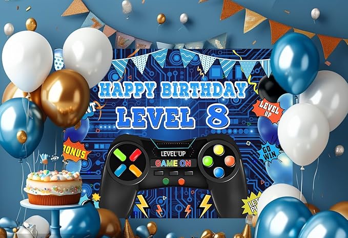 Game Theme Level 8 Birthday Backdrop Video Game Happy 8th Birthday Party Decorations Level Up Theme Boys Kids Birthday Party Supplies(7×5FT)