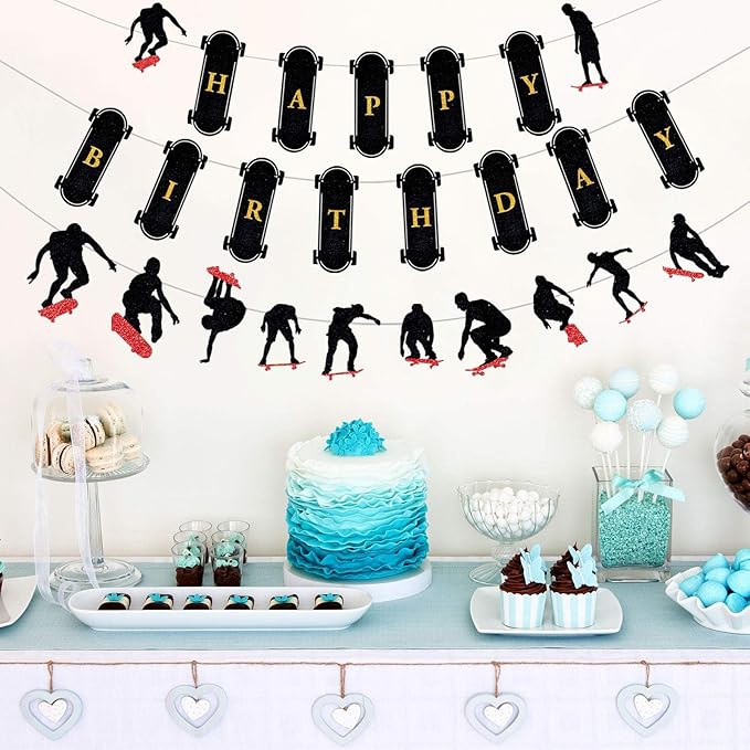 Tatuo 3 Pieces Skateboard Party Decoration Skateboard Birthday Banner for Party Supplies Skateboarding Action Hanging Decor Extreme Skateboarding Cool Decor for Skater Boys Girls School Gifts